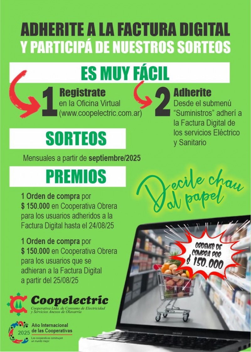 Coopelectric realizar sorteos para adheridos a Factura Digital